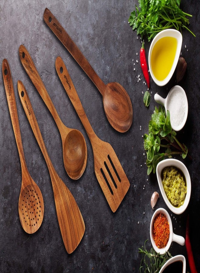 StarBlue Acacia Wooden Utensils Set 6 Pcs - Non-Scratching Durable Natural Wood Cooking Spatulas & Spoons for Nonstick Cookware with Holder - Image 2